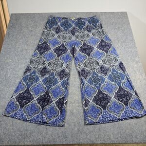 One World Size 1X Boho Wide Leg Palazzo Crop Ankle Pants Blue Geometric Design